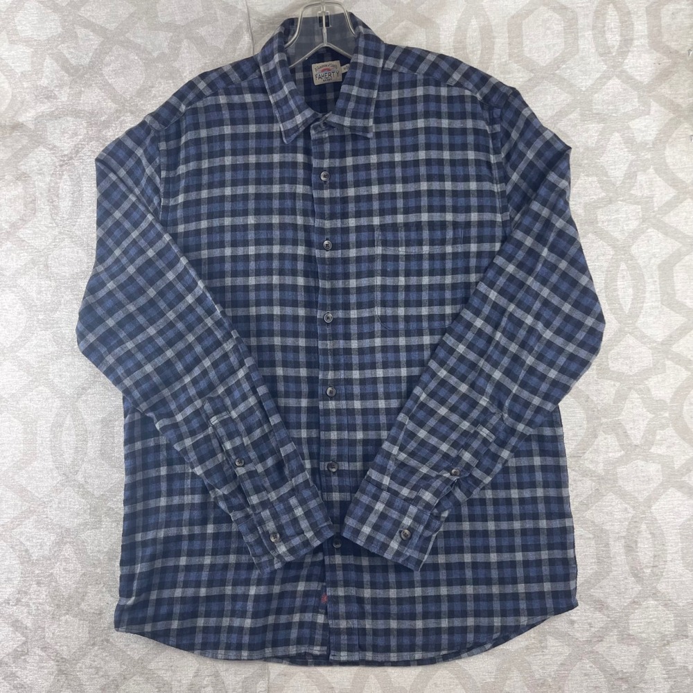 Faherty Brand Mens Movement Flannel Shirt Navy Grey Plaid Cotton Button Up M